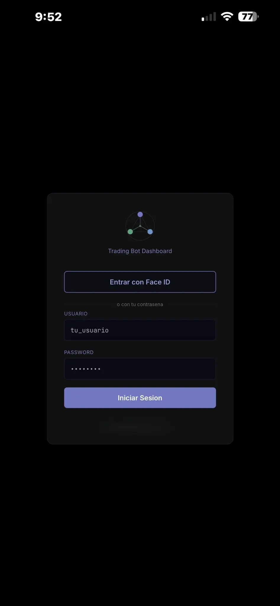 La misma pantalla de acceso de POLYBOT en la PWA instalada en el móvil