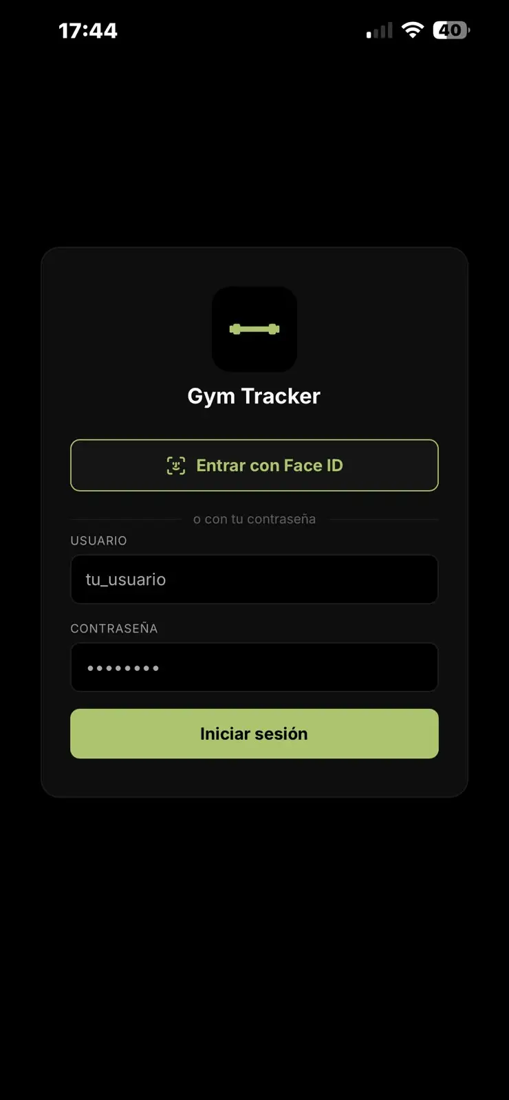 La misma pantalla de acceso de Gym Tracker en la PWA instalada en el móvil