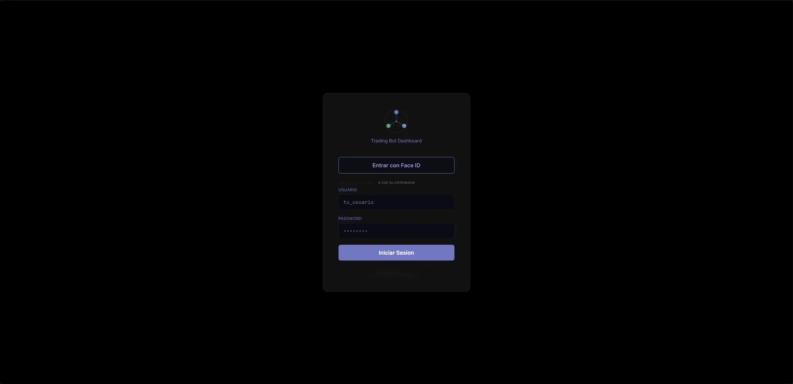 Pantalla de acceso de POLYBOT con el botón de entrada por Face ID
