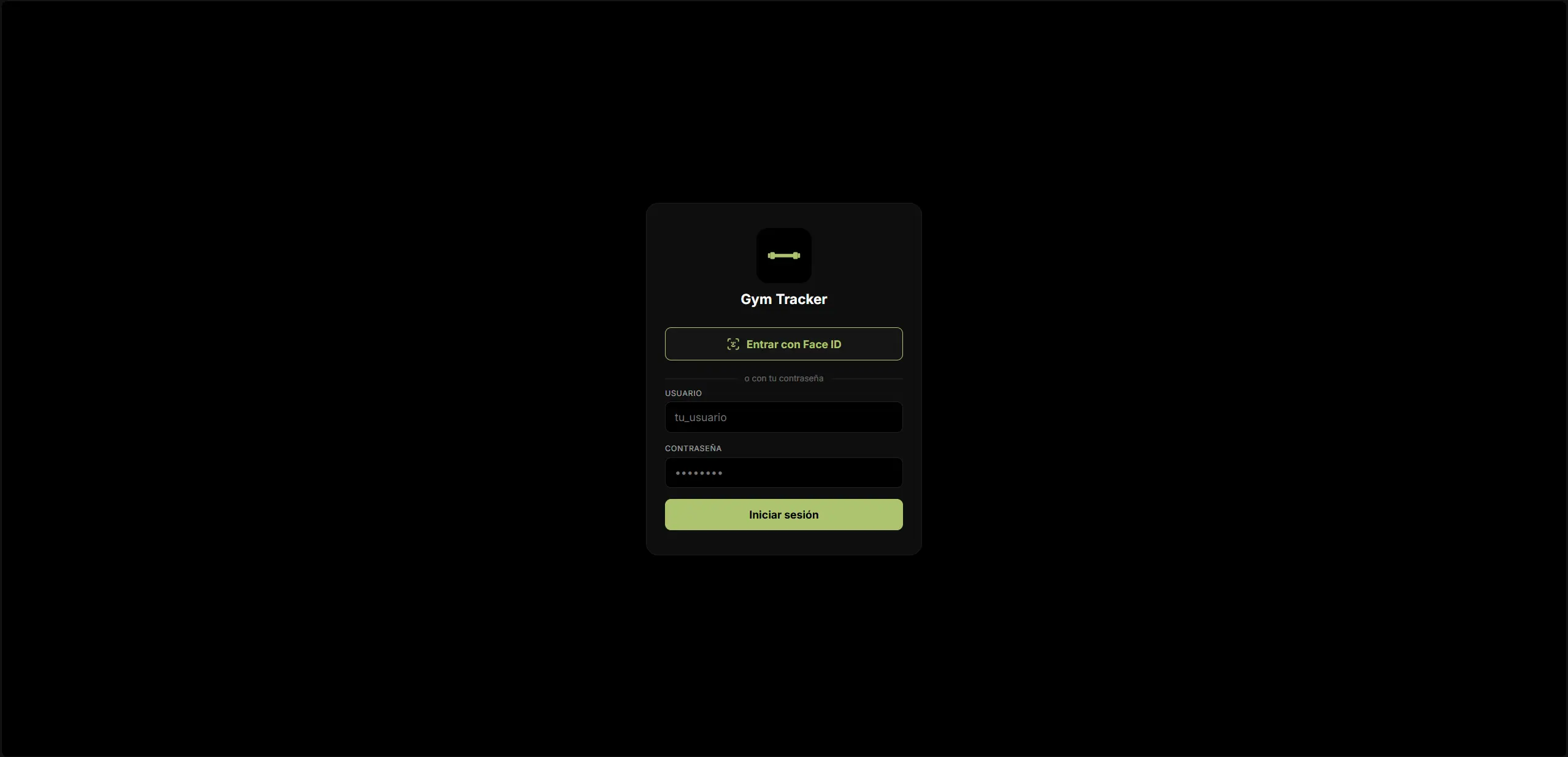 Pantalla de acceso de Gym Tracker con el botón de entrada por Face ID