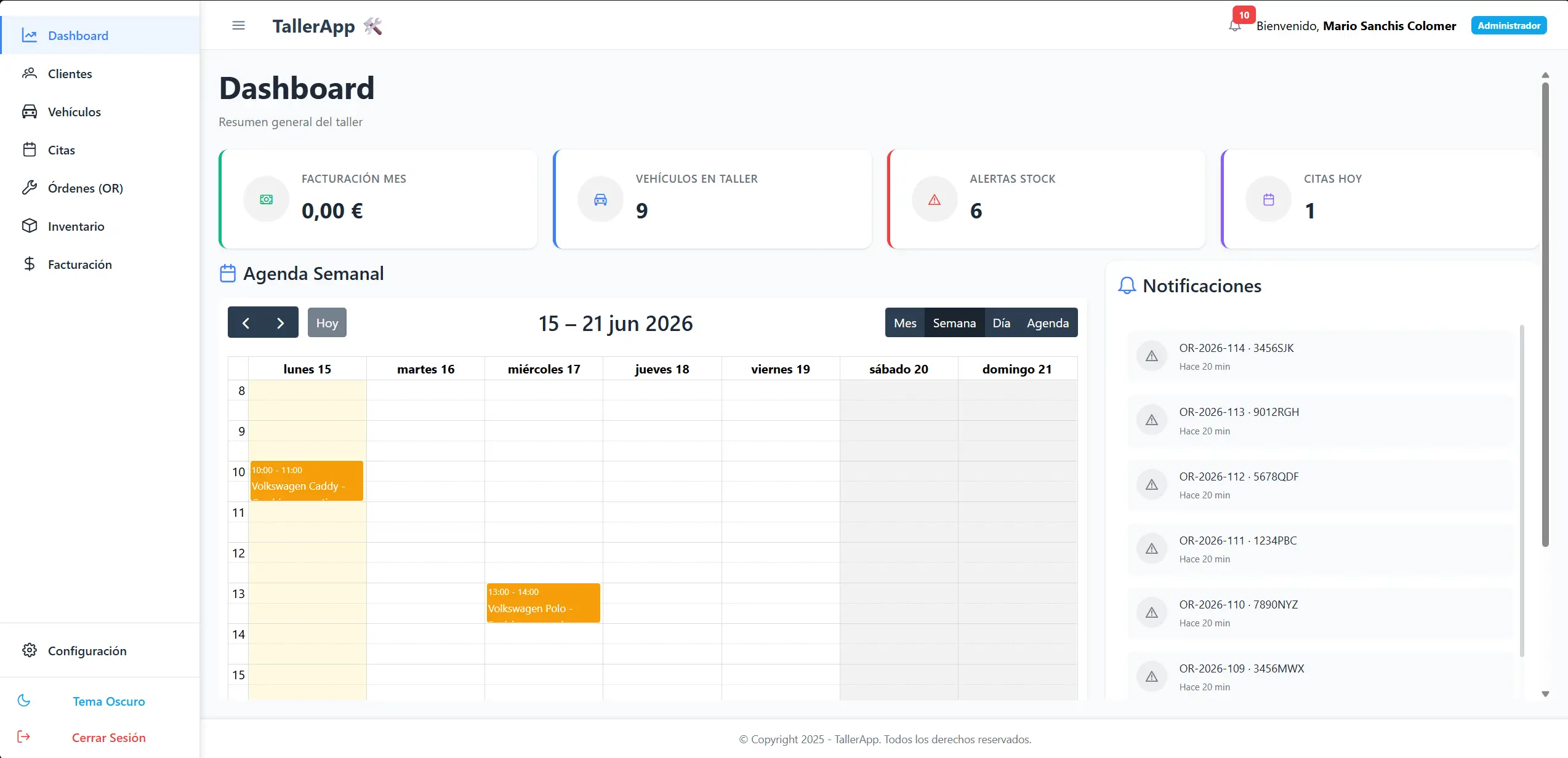 Dashboard de TallerApp con indicadores del mes y agenda semanal de citas