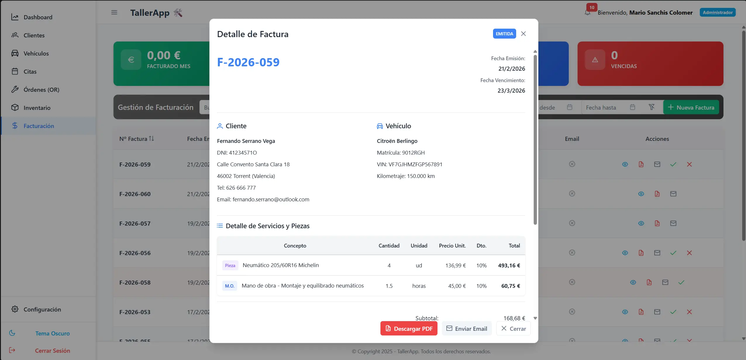 Detalle de una factura de TallerApp con sus líneas e importes (datos ficticios)