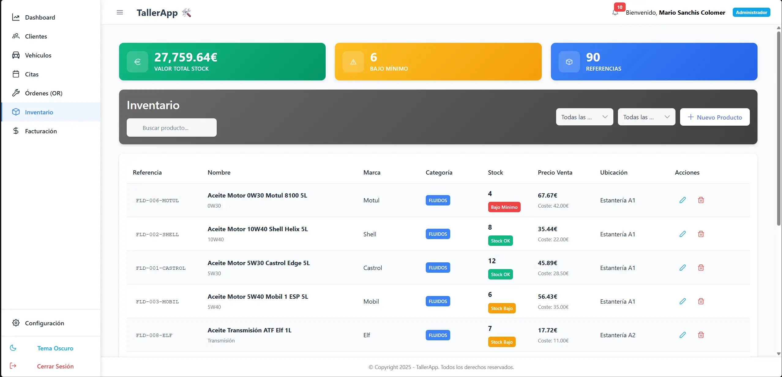Listado de inventario de TallerApp con el semáforo de stock y el resumen de valor total