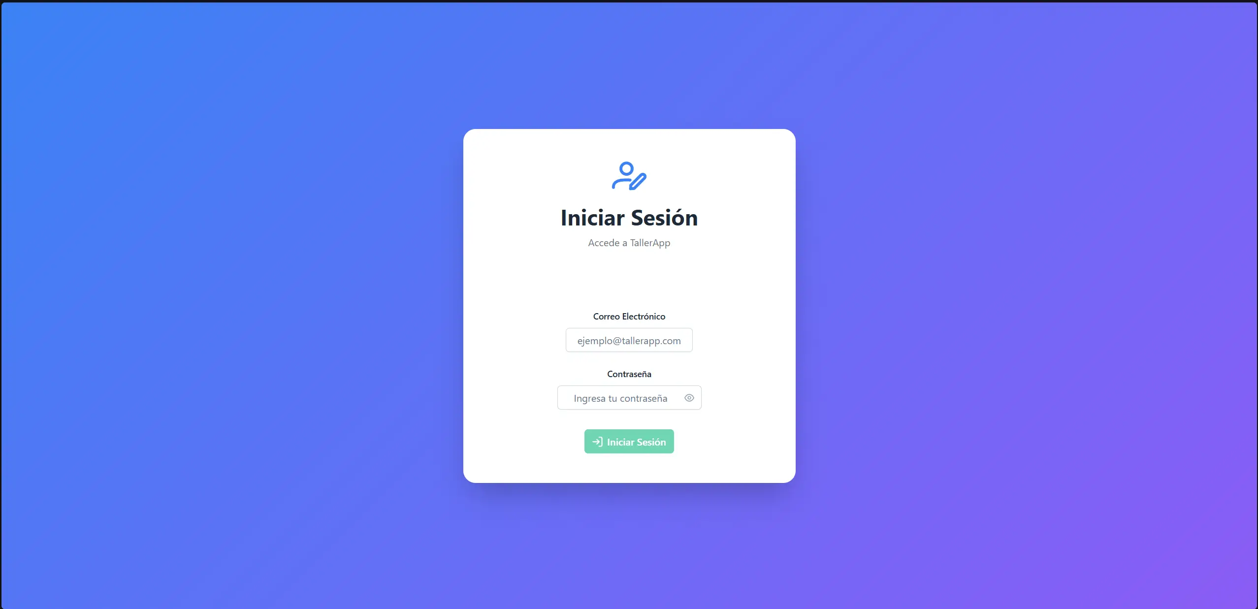 Pantalla de acceso de TallerApp con el formulario de login del taller